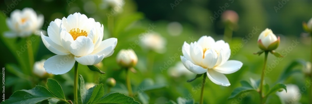 White peonies blooming in a lush garden amidst greenery, white flowers, flowers arrangement White peonies blooming in a lush garden amidst greenery, white flowers, flowers arrangement
