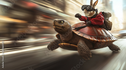 A supercharged racing turtle with motion blur streaks behind it speeds along a smooth city street, a rabbit wearing goggles perched on its back, ready for adventure.