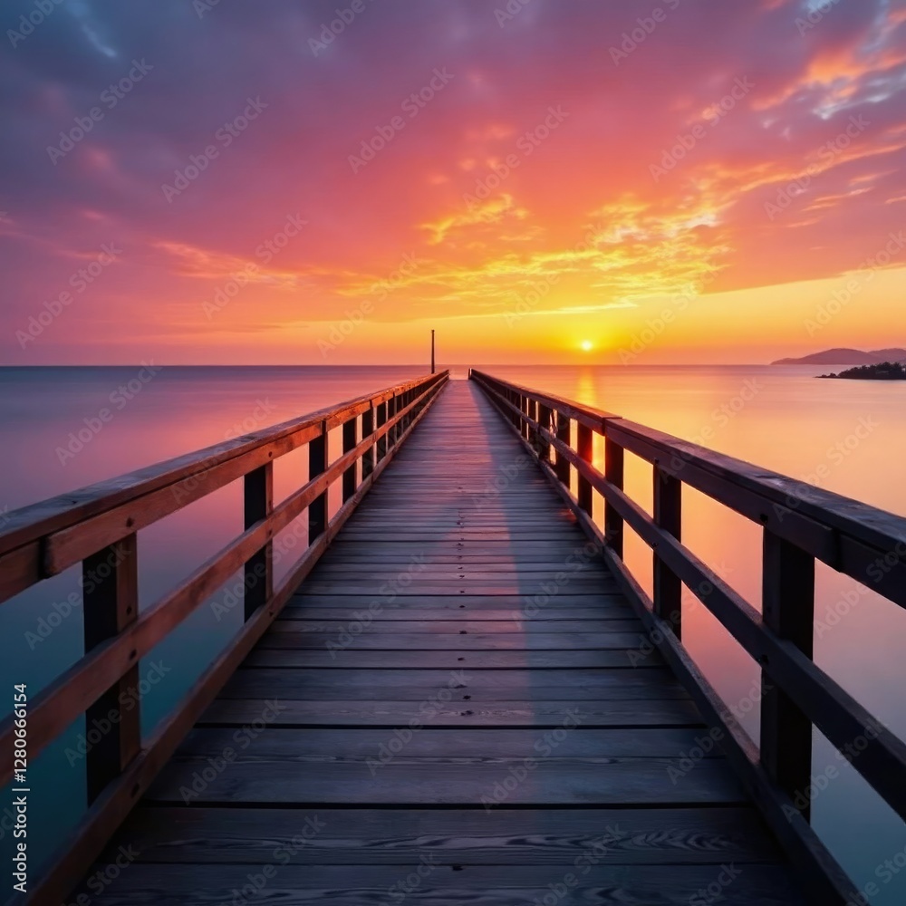 Obraz premium Wooden bridge stretching over calm waters at sunset, bridge, sunset, sky