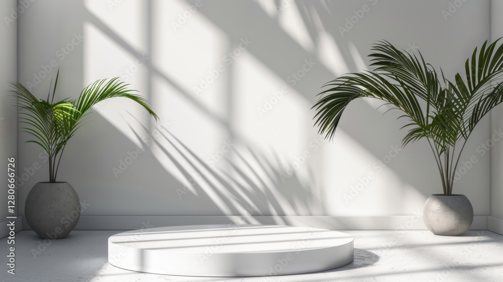 Minimal white room, cylinder podium, subtle palm leaf shadows, abstract product display setup Minimal white room, cylinder podium, subtle palm leaf shadows, abstract product display setup