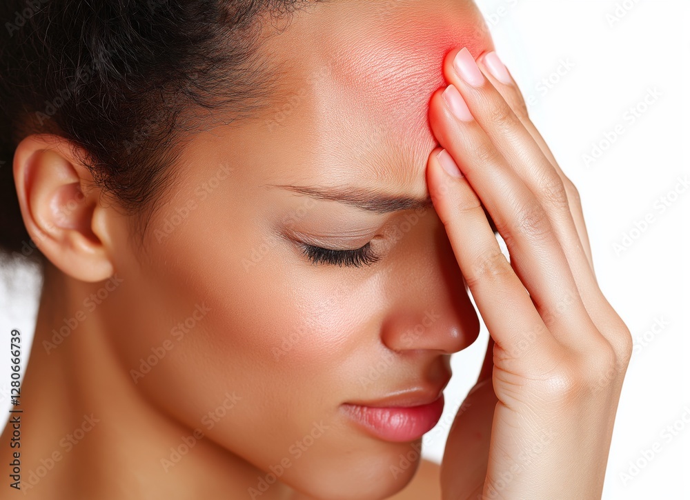 Close-up of a woman holding her forehead in pain, with redness highlighting the affected area, indicating a severe headache, migraine, or stress.
Close-up of a woman holding her forehead in pain, with redness highlighting the affected area, indicating a severe headache, migraine, or stress.