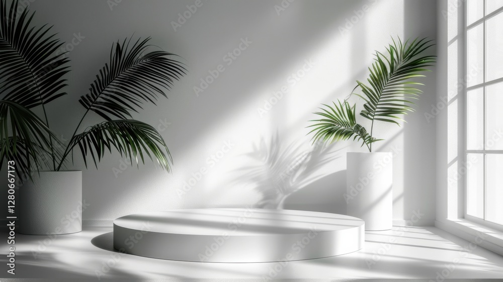 Fototapeta premium Minimal white room, cylinder podium, subtle palm leaf shadows, abstract product display setup