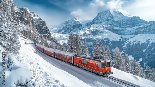 A Swiss alpine train traveling through a snowy landscape, cutting through the mountains with breathtaking views.