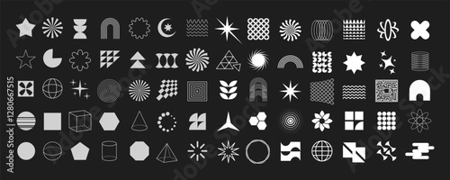 Geometric figures in brutalist style. Set of bauhaus shapes. Abstract minimlistic bold and line forms. Futuristic elements isolated on background. Vector illustration.