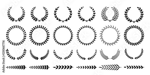 Chaplet icon set. Circular laurel foliate. Silhouette laurel wreath with leaf. Winner round emblem isolated. Olive branch award vintage frame. Vector illustration.