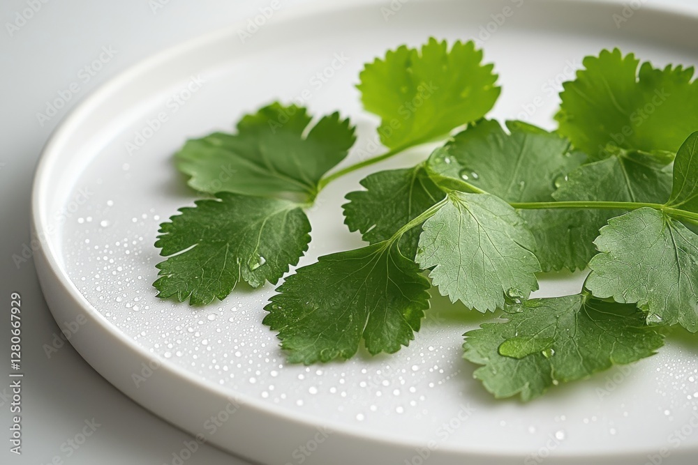 Fresh sprigs of vibrant green cilantro, adorned with water droplets on a pristine white plate, a culinary herb for flavoring dishes and garnish. Fresh sprigs of vibrant green cilantro, adorned with water droplets on a pristine white plate, a culinary herb for flavoring dishes and garnish.