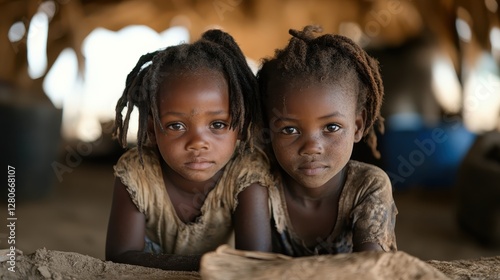 Two kids pose together with charming expressions, radiating innocence and curiosity while capturing a moment of connection in their playful environment filled with adventure. photo