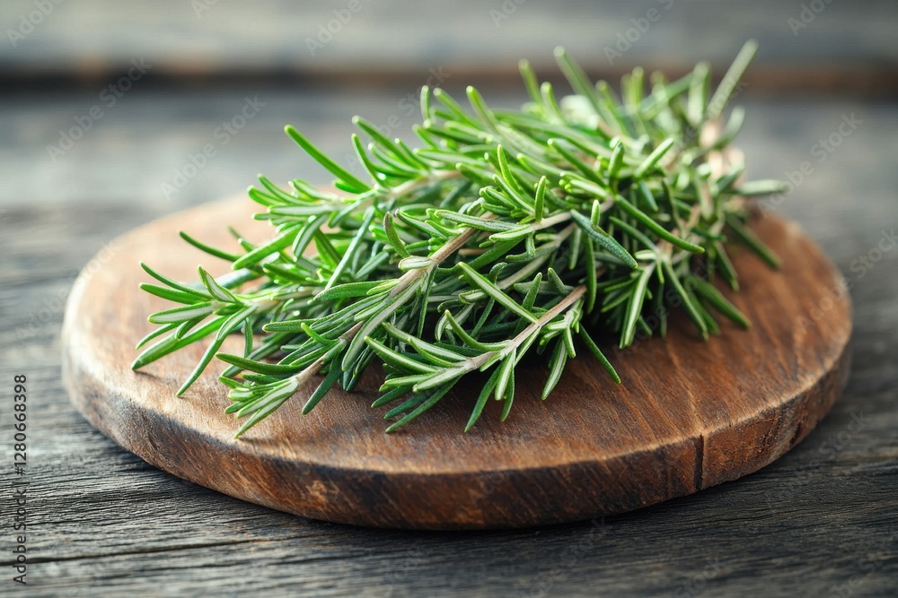 A bundle of fresh rosemary sprigs resting on a rustic wooden cutting board, showcasing the vibrant green herb perfect for culinary and wellness concepts with a natural organic feel. A bundle of fresh rosemary sprigs resting on a rustic wooden cutting board, showcasing the vibrant green herb perfect for culinary and wellness concepts with a natural organic feel.