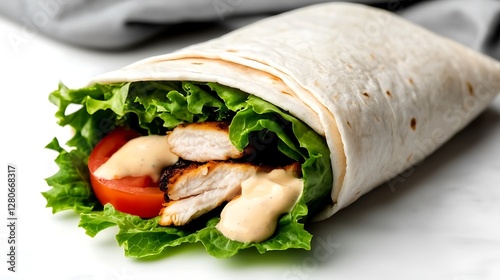 Freshly wrapped chicken wrap with lettuce and tomato, served on a marble countertop photo