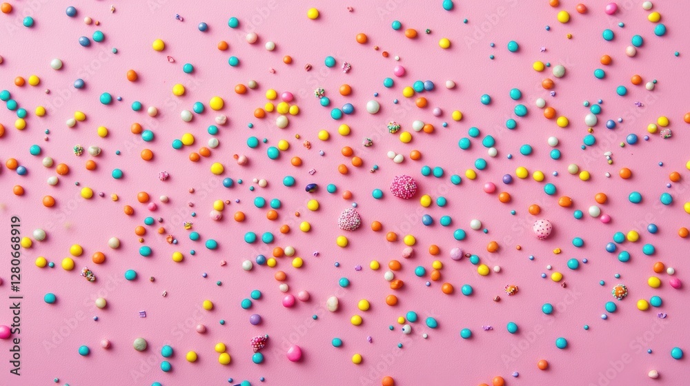 A vibrant array of colorful sprinkles scattered on a soft pink background, creating a playful and festive atmosphere. A vibrant array of colorful sprinkles scattered on a soft pink background, creating a playful and festive atmosphere.