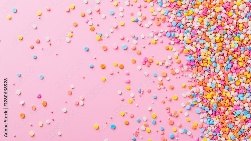 Colorful sprinkles scattered on a pink background, adding a vibrant and playful touch to any sweet treat. Colorful sprinkles scattered on a pink background, adding a vibrant and playful touch to any sweet treat.
