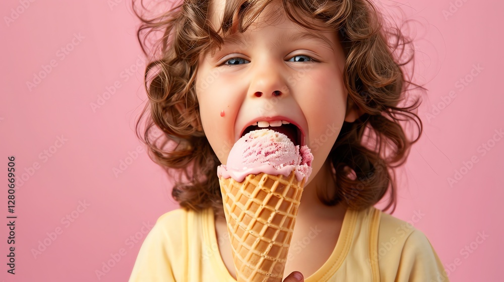 A young girl with curly hair smiles widely as she eats a pink ice cream cone. A young girl with curly hair smiles widely as she eats a pink ice cream cone.