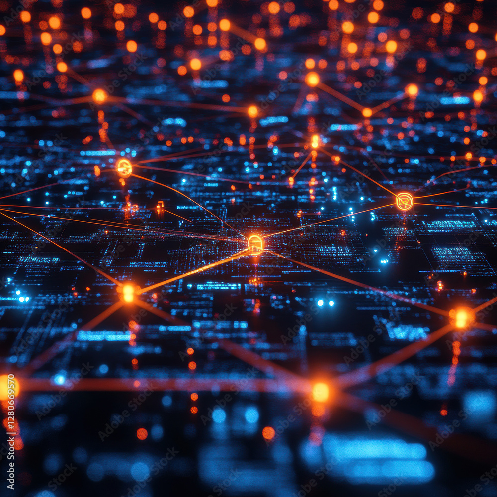 Obraz premium vibrant network of interconnected computers stretches across digital landscape, glowing with orange and blue lights, symbolizing data flow and connectivity