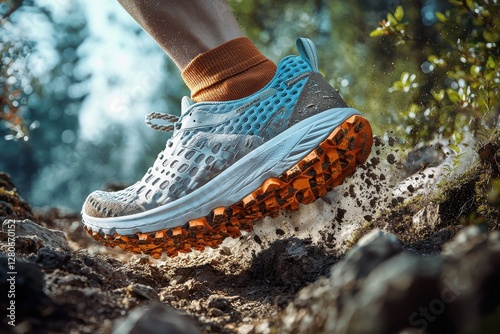 A close-up of a trail running shoe kicking up dirt on a rugged mountain path, designed for durability and high performance during outdoor adventure and challenging terrain.