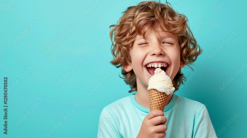 A young boy with curly hair laughs while eating an ice cream cone. A young boy with curly hair laughs while eating an ice cream cone.