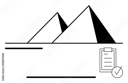 Geometric pyramids with a clipboard checklist and checkmark. Ideal for project management, strategic planning, time management, organization, success tracking, task completion, abstract line flat