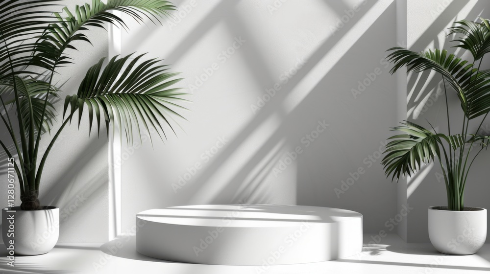 Minimal white room, cylinder podium, subtle palm leaf shadows, abstract product display setup Minimal white room, cylinder podium, subtle palm leaf shadows, abstract product display setup