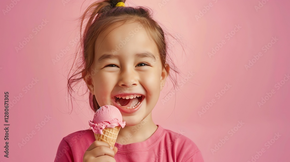 A young girl with curly hair smiles with delight while eating an ice cream cone. A young girl with curly hair smiles with delight while eating an ice cream cone.