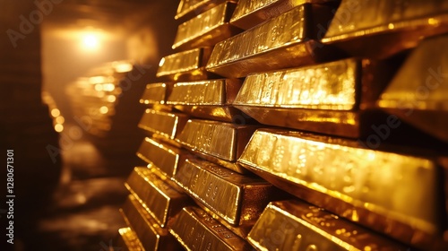 Stacked gold bars inside a dimly lit underground vault, emphasizing security and secrecy