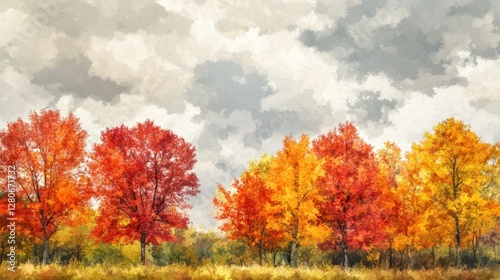 Autumn trees under cloudy sky.  Possible use Stock photo photo