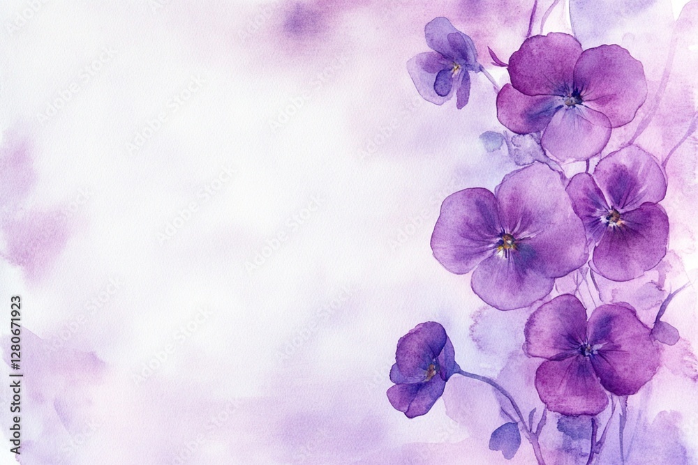 Naklejka premium Elegant Watercolor Purple Pansies Floral Design Romantic Soft Background Wedding Invitation Card Template Beautiful Delicate Flowers Spring Summer Nature Botanical Illustration Artistic Painting 