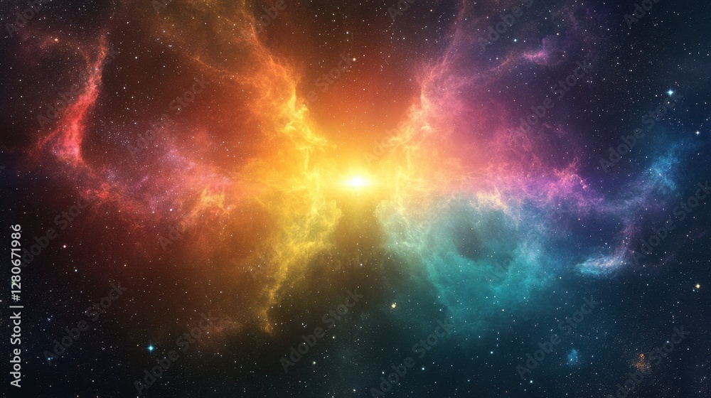 Naklejka premium A vibrant cosmic nebula radiates brilliant colors, blending shades of yellow, pink, and blue against a starry backdrop.