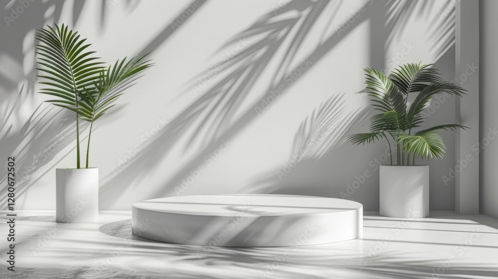 Minimal white room, cylinder podium, subtle palm leaf shadows, abstract product display setup Minimal white room, cylinder podium, subtle palm leaf shadows, abstract product display setup