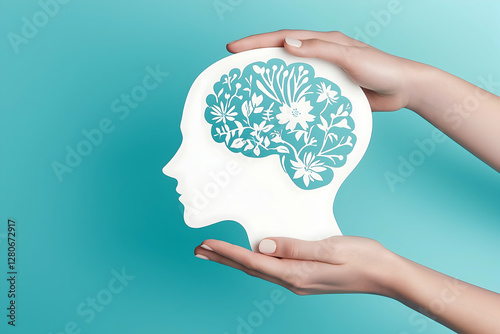 A silhouette of a head with a floral brain design, held gently by hands against a soft blue background, symbolizing creativity and mental wellness.