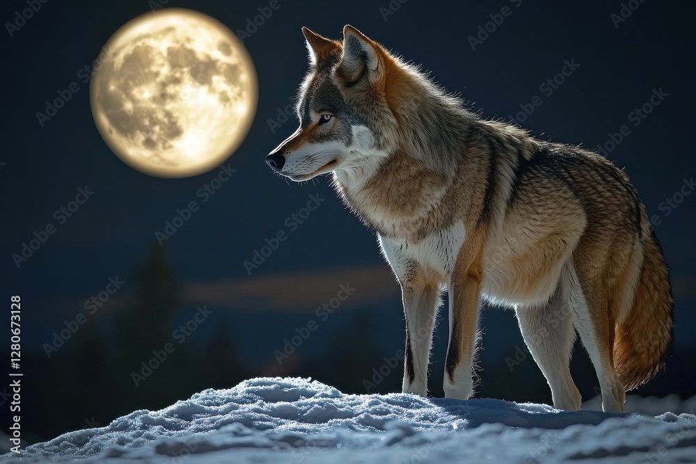 Obraz premium A coyote stands vigilantly on a snowy crest under a full moon, its sharp gaze piercing the night, embodying the wild spirit of the untamed wilderness.