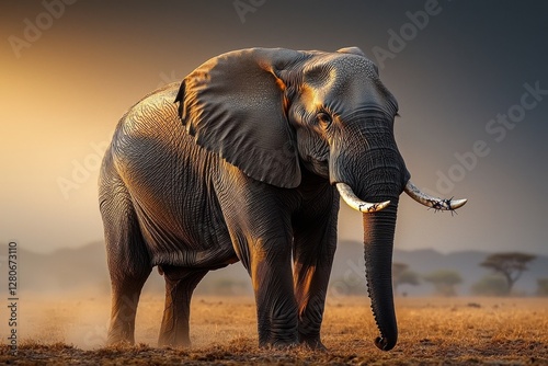 A solitary African elephant stands regally in a golden field, its massive form sculpted by the soft light of dawn or dusk, emphasizing its strength and resilience.