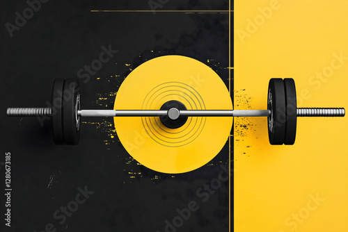 A stylized image of a barbell resting on a circular design, featuring striking black and yellow colors, emphasizing fitness and strength training.