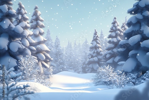 Snow Covered Pine Trees in Winter Forest with Falling Snowflakes Under Clear Blue Sky