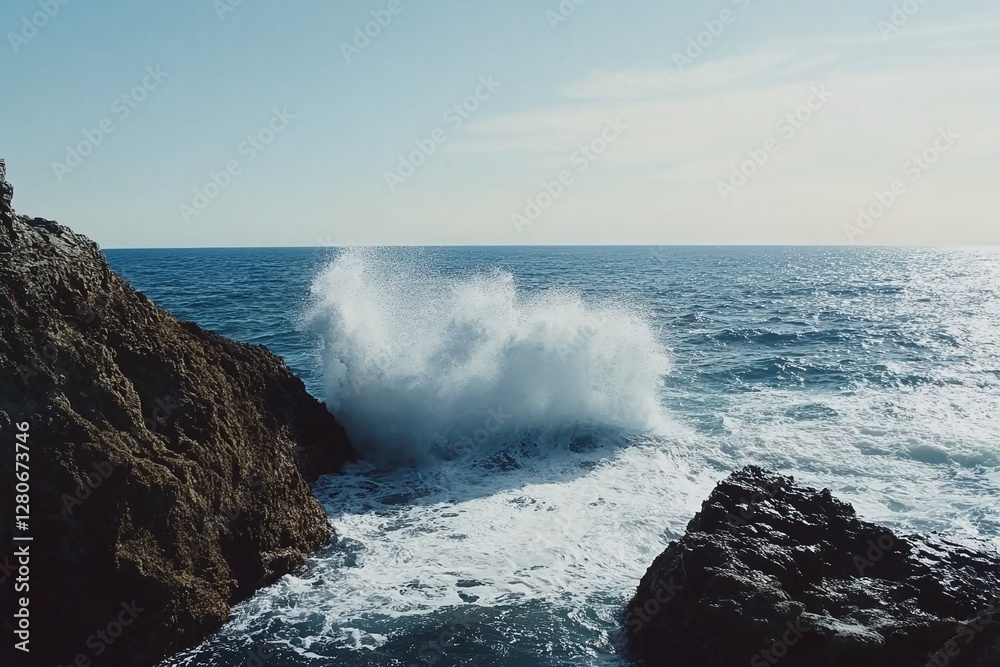 Powerful Ocean Wave Crashing Against Rocky Coastline with Clear Blue Sky and Sunlit Water Powerful Ocean Wave Crashing Against Rocky Coastline with Clear Blue Sky and Sunlit Water