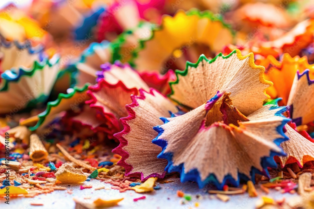 Exploding hues! Close-up macro images capture the vibrant artistry of colorful pencil shavings. Exploding hues! Close-up macro images capture the vibrant artistry of colorful pencil shavings.