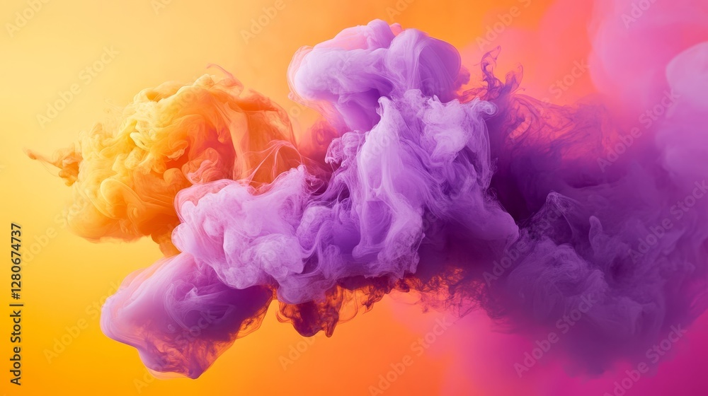 Fototapeta premium Colorful smoke clouds, vibrant abstract art, orange and purple fusion, dynamic fluid shapes, digital visual effects