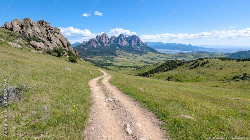 Mountain trail winding down to valley; scenic landscape; hiking path Mountain trail winding down to valley; scenic landscape; hiking path