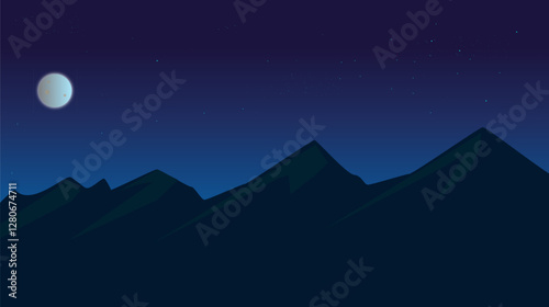 Minimalist night landscape with moon and mountains, serene nature scenery, peaceful night sky illustration with stars and silhouettes


