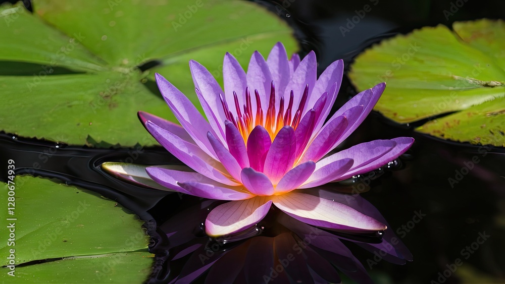 Vibrant purple water lily with yellow and orange hues centered on a dark water surface surrounded by green lily pads under bright sunlight Vibrant purple water lily with yellow and orange hues centered on a dark water surface surrounded by green lily pads under bright sunlight