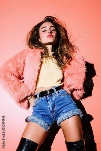 Explore Vibrant Lifestyle Portraits: A Young Woman Exudes Confidence in Trendy Fashion Against a Bold Pink Background