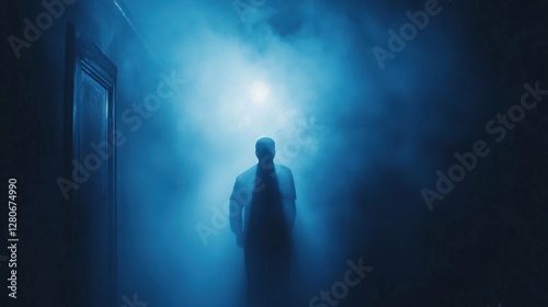 A mysterious male figure shrouded in blue fog stands at the end of a dimly lit hallway.
