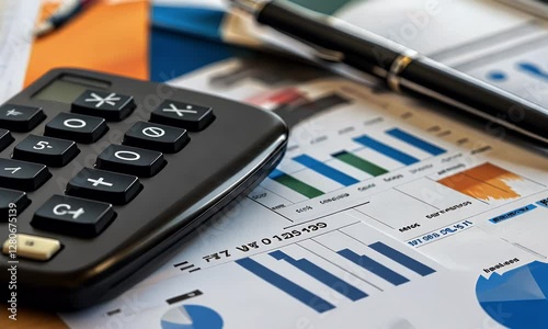 Close-up of a calculator on financial documents with colorful graphs and charts depicting data analysis