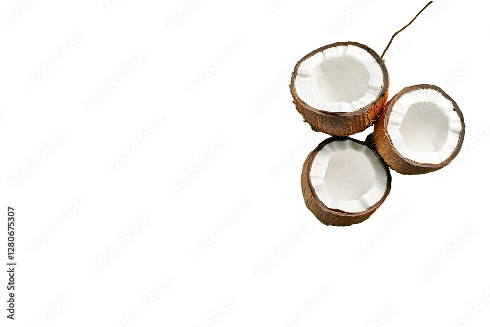 Three coconut halves with white flesh and brown husks against a transparent background. Image is isolated on transparent background, PNG Three coconut halves with white flesh and brown husks against a transparent background. Image is isolated on transparent background, PNG