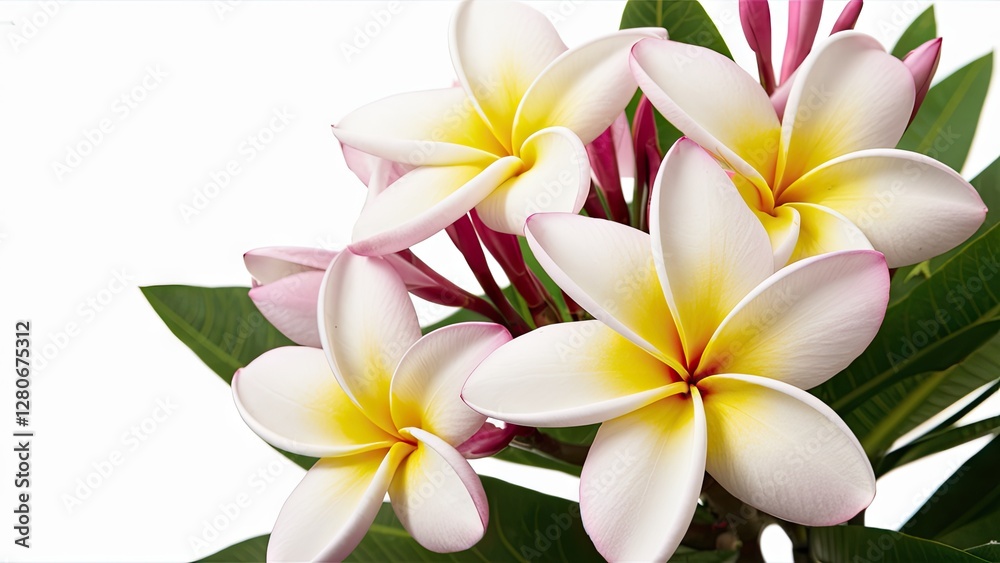 Fototapeta premium Closeup of a vibrant bouquet of white and pink Plumeria flowers with yellow centers against a clean white background showcasing natural beauty.