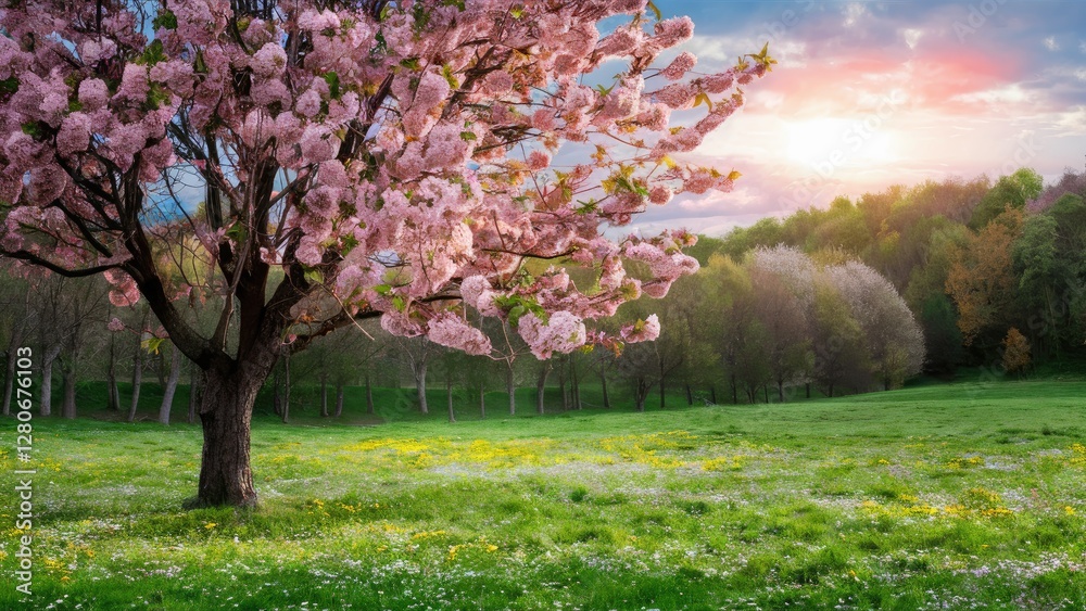 Blooming cherry tree with pink flowers in a lush green field at sunset surrounded by colorful spring flora and soft pastel sky hues Blooming cherry tree with pink flowers in a lush green field at sunset surrounded by colorful spring flora and soft pastel sky hues