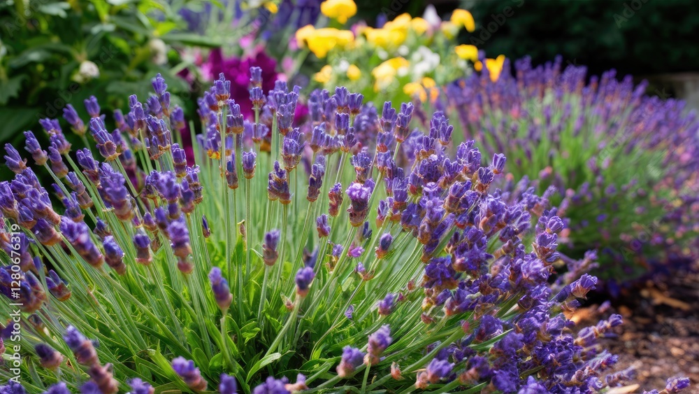 Obraz premium Vibrant close-up of lush lavender bushes with rich purple blooms in a garden setting featuring soft green foliage and colorful flowering plants in background
