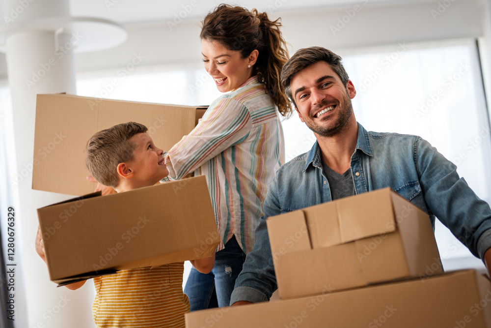 New home, box and parents with child in new house, property mortgage and real estate investment. New home, box and parents with child in new house, property mortgage and real estate investment.