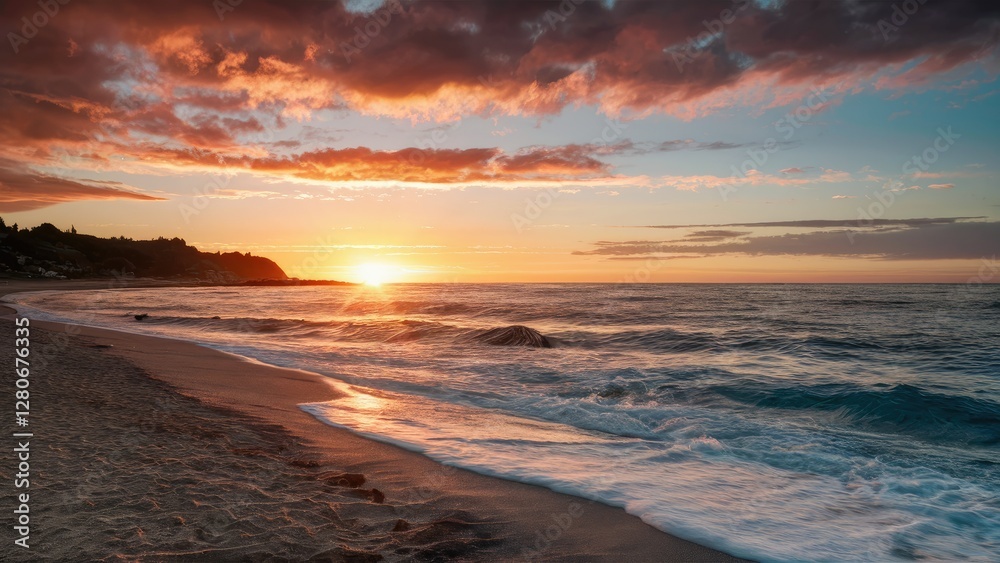Obraz premium Tranquil beach at sunrise with vibrant orange and pink clouds reflecting over an endless blue sea, gentle waves lapping on golden sand shore.