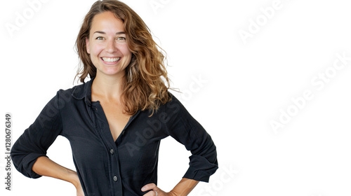 A Smiling Woman with Her Hand on Her Hip Posed on Transparent Background, PNG