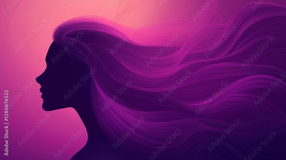 A serene silhouette of a woman with flowing hair in a gradient of purple and pink, symbolizing grace and strength. AI Generated Images. A serene silhouette of a woman with flowing hair in a gradient of purple and pink, symbolizing grace and strength. AI Generated Images.