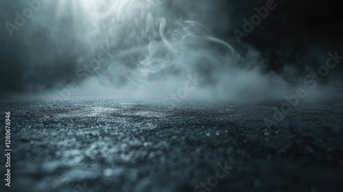 Fine mist rising off a smooth dark surface under soft light